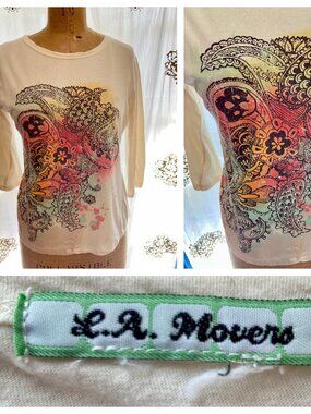 Vintage 90s L.A. Movers Baby Tee Top Boho Paisley Floral Graphic Printed Y2K EUC
